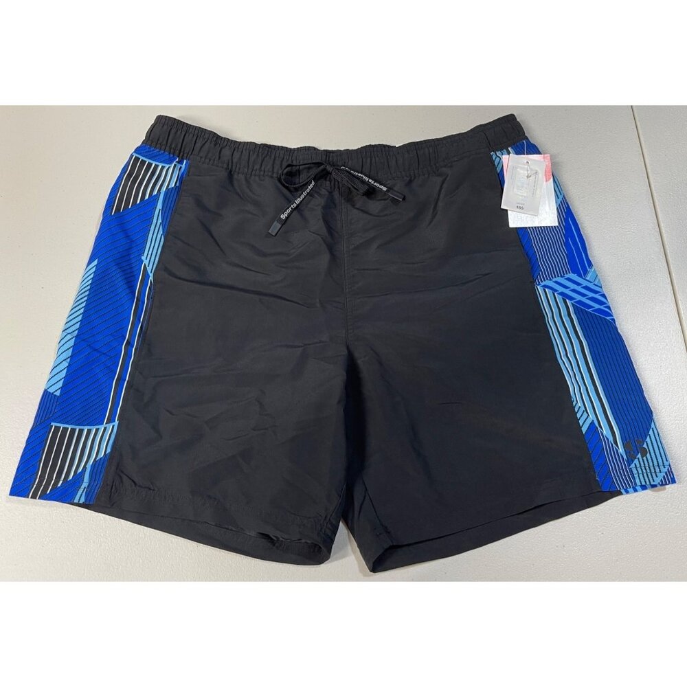 Sports Illustrated Mens Volley Swim Trunks Large Black & Blue With Elastic Waist